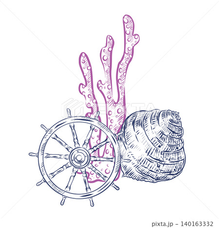 A vector illustration with a nautical theme. A ship's wheel, a shell, and coral. All hand-drawn with ink. Suitable for summer-themed designs and nautical-themed interiors. Vector illustration. 140163332