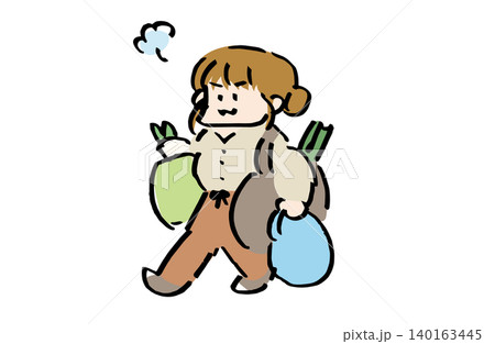 重たいお買い物のイラスト｜荷物が多い女性・ショッピング・日常イメージ素材 140163445