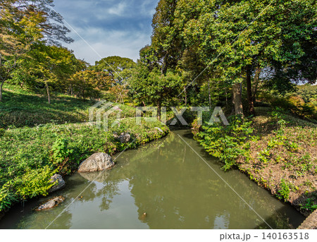 六義園の境内を穏やかに流れる小川と豊かな木々が織りなす日本庭園の風景 2023年11月 六義園の境内を穏やかに流れる小川と豊かな木々が織りなす日本庭園の風景 2023年11月 140163518