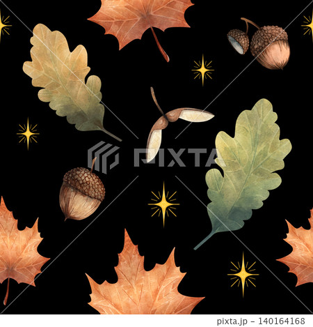Seamless watercolor pattern with leaves, acorns and decorative stars on dark background, hand painted illustration. Perfect for fabric, wrapping paper, packaging, textiles and seasonal designs 140164168