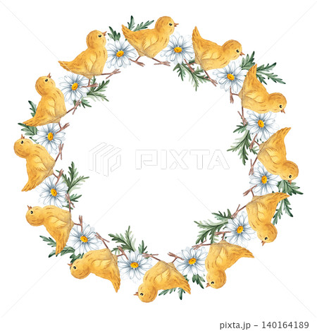 Watercolor Easter wreath with chicks, eggs and daisies, perfect for holiday cards, spring projects, packaging designs Watercolor Easter wreath with chicks, eggs and daisies, perfect for holiday cards, spring projects, packaging designs 140164189
