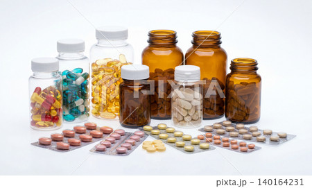 Pharmaceutical pill bottles and blister packs on white background with medicine pharmaceutical healthcare capsules medication prescription supplement pharmacy treatment assortment collection Pharmaceutical pill bottles and blister packs on white background with medicine pharmaceutical healthcare capsules medication prescription supplement pharmacy treatment assortment collection 140164231