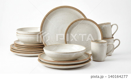 Rustic ceramic dinnerware set with textured glaze on white background dinnerware tableware handmade textured porcelain kitchenware collection minimalist crockery hospitality interior Rustic ceramic dinnerware set with textured glaze on white background dinnerware tableware handmade textured porcelain kitchenware collection minimalist crockery hospitality interior 140164277