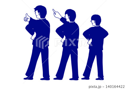 後ろ姿の男性3人組 サラリーマン 作業員 指差し確認とサムズアップのポーズイラスト 140164422