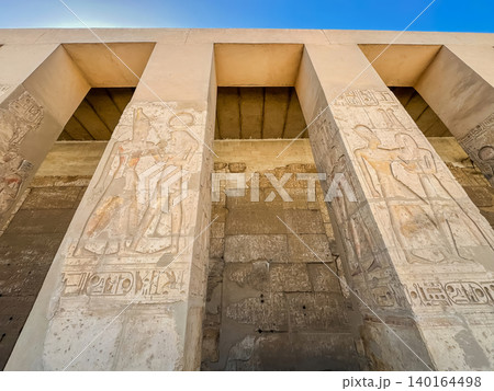 Beautiful interiors and ancient hieroglyphs in the Temple of Seti I in Abydos, Egypt. 140164498