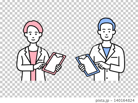 Male and female doctors checking a patient's medical record. Male and female doctors checking a patient's medical record. 140164824