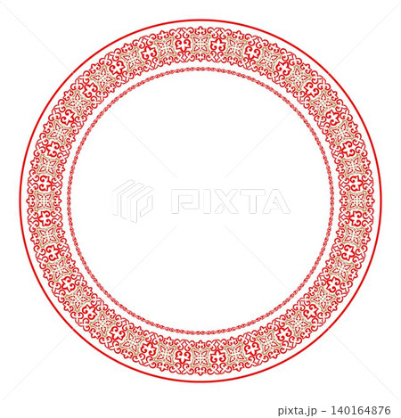 Golden red round frame. Traditional round Turkic ornament. Oriental red round pattern with arabesques. For ceramic, porcelain, embroidery, sandblasting, plate, laser. Islam, Indian, Ottoman motif.  140164876