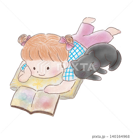 寝転びながら猫と読書をする女の子 140164968