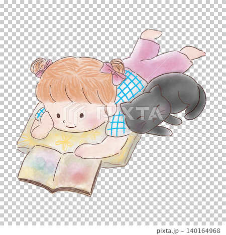 寝転びながら猫と読書をする女の子 140164968