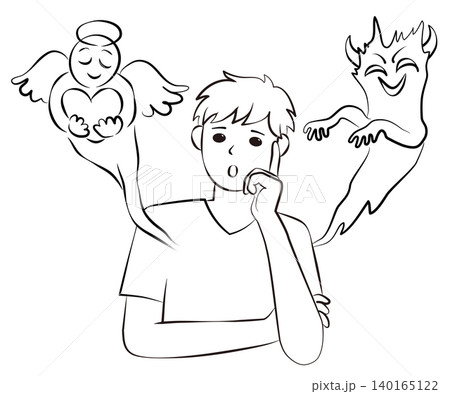 迷って悩む若い男性と、左右に現れた天使と悪魔の線画イメージイラスト 140165122