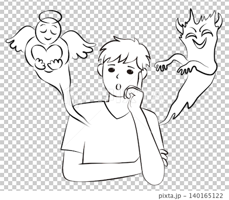 迷って悩む若い男性と、左右に現れた天使と悪魔の線画イメージイラスト 140165122