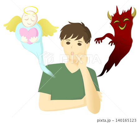 迷って悩む若い男性と、左右に現れた天使と悪魔の線なしイメージイラスト 140165123