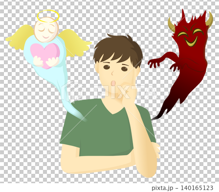 迷って悩む若い男性と、左右に現れた天使と悪魔の線なしイメージイラスト 140165123