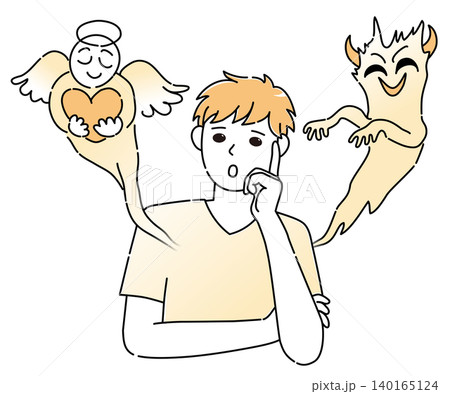 迷って悩む若い男性と、左右に現れた天使と悪魔のシンプルなイメージイラスト 迷って悩む若い男性と、左右に現れた天使と悪魔のシンプルなイメージイラスト 140165124