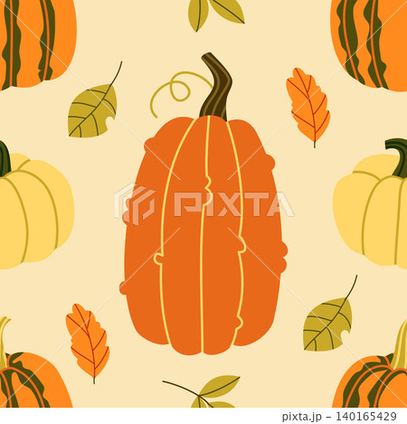 Autumn Pumpkin Seamless Pattern on Beige Background 140165429