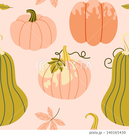Pastel Autumn Pumpkin Seamless Pattern on Pale Pink Background 140165430