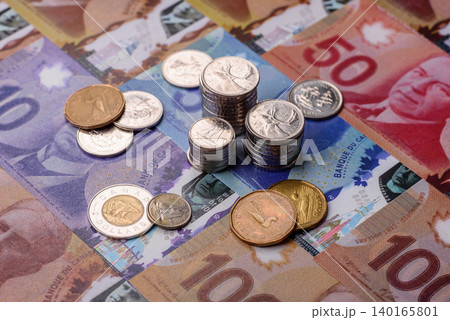 Money, currency of Canada, dollar banknotes of various denominations. Canadian money 140165801