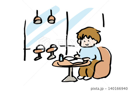 カフェで勉強する人のイラスト｜学習・集中・勉強カフェイメージ素材 140166940