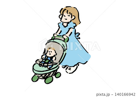 ベビーカーを押すママのイラスト|育児・子育て・散歩イメージ素材 ベビーカーを押すママのイラスト|育児・子育て・散歩イメージ素材 140166942