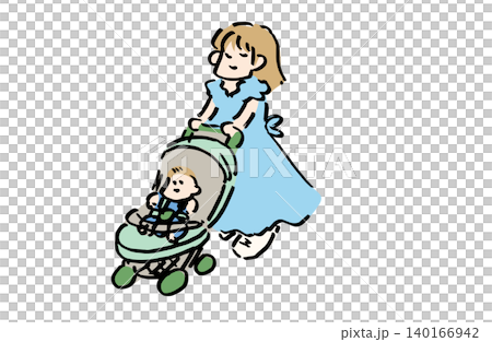 ベビーカーを押すママのイラスト|育児・子育て・散歩イメージ素材 ベビーカーを押すママのイラスト|育児・子育て・散歩イメージ素材 140166942