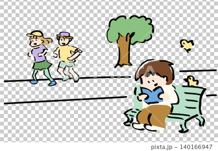公園裡兩個人邊看書邊跑步的插圖 | 兩人在休息日於公園裡形成鮮明對比的圖片 140166947