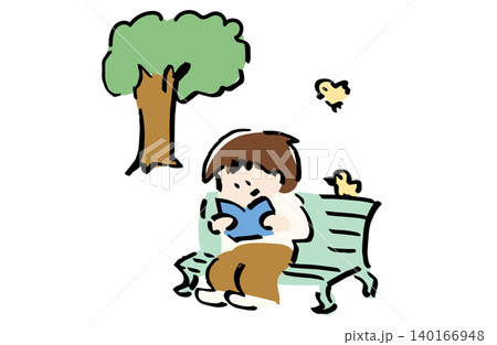 公園で読書する人のイラスト｜リラックス・趣味・休日のんびりイメージ素材 140166948
