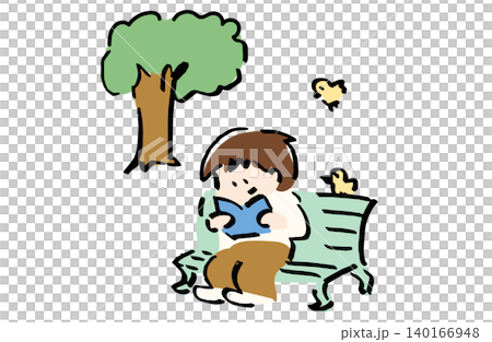 公園で読書する人のイラスト｜リラックス・趣味・休日のんびりイメージ素材 140166948