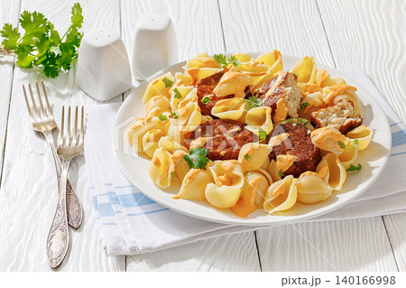 Shell Pasta And Meat Patties on a Plate Shell Pasta And Meat Patties on a Plate 140166998