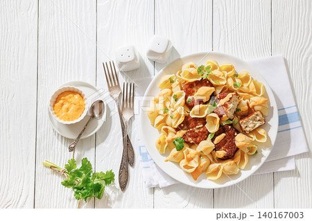 Shell Pasta And Meat Patties on a Plate Shell Pasta And Meat Patties on a Plate 140167003