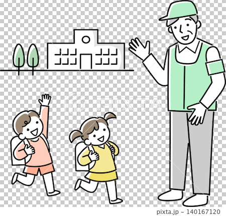 老年男子在小學生上下學途中巡邏。 老年男子在小學生上下學途中巡邏。 140167120