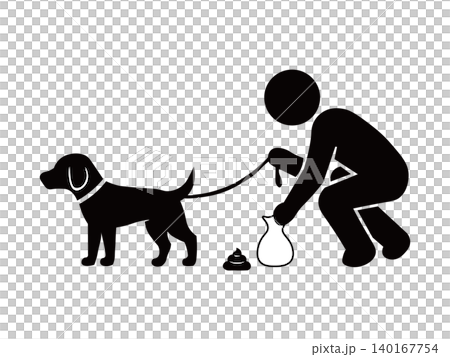 Icon of a dog and its owner defecating during a walk. Icon of a dog and its owner defecating during a walk. 140167754