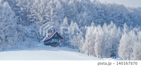 美瑛富良野 極寒の朝に広がる霧氷した森と雪景色 美瑛富良野 極寒の朝に広がる霧氷した森と雪景色 140167870