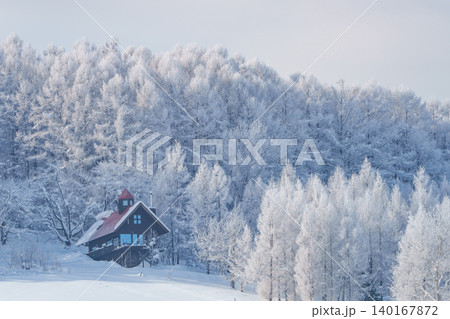 美瑛富良野 極寒の朝に広がる霧氷した森と雪景色 140167872