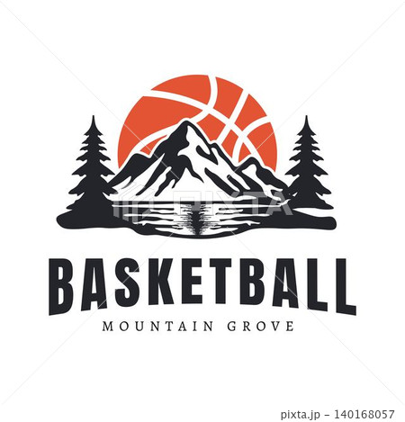 Basketball Mountain Grove Logo with Mountain Lake Pine Trees and Basketball Sunset Vector Badge Design Basketball Mountain Grove Logo with Mountain Lake Pine Trees and Basketball Sunset Vector Badge Design 140168057
