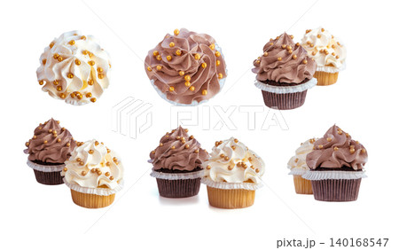 Creamy and chocolate cupcake decorated with golden balls, cup cakes with whipped cream Creamy and chocolate cupcake decorated with golden balls, cup cakes with whipped cream 140168547