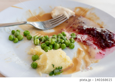 Food Leftovers, Unfinished Meal on Dirty Plate Closeup 140168615