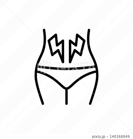 Uterus pain thin line icon. Woman touches her stomach. Menstruation pain. Vector illustration. Uterus pain thin line icon. Woman touches her stomach. Menstruation pain. Vector illustration. 140168849