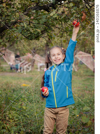 Cheerful girl picking red apple from tree branch while holding another fruit orchard autumn harvest 140168876