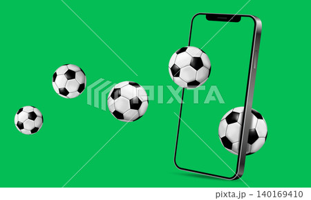Soccer balls fly into a smartphone screen. Concept for soccer competition. Soccer balls fly into a smartphone screen. Concept for soccer competition. 140169410