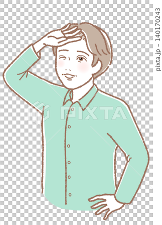 一幅中年男子遮擋陽光的插圖。中暑預防、紫外線和皮膚護理。 140170243