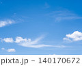 Beautiful clear blue sky background with soft white clouds and wispy streaks. Bright sunny day atmosphere perfect for nature, weather, or freedom concepts. Minimalist scenery with copy space. 140170672
