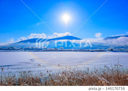 珍しい気象現象・雪面ハロ　冬の山中湖の雪原に現れた太陽を囲む虹色の輪 140170738