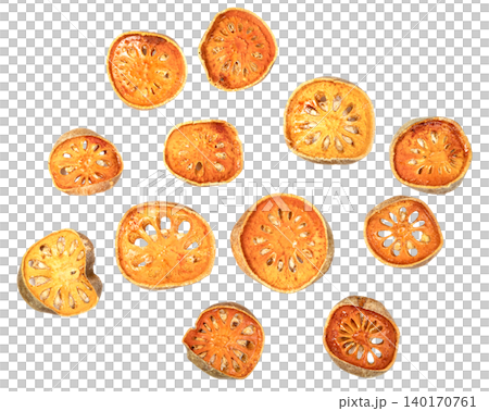 Scattered slices of dried bael fruit isolated. Traditional herbal medicine ingredient for healthy tea and wellness. Aegle marmelos fruit pieces seen from a top view. Scattered slices of dried bael fruit isolated. Traditional herbal medicine ingredient for healthy tea and wellness. Aegle marmelos fruit pieces seen from a top view. 140170761