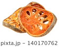 Dried bael fruit slices isolated. Aegle marmelos herbal tea ingredient known for medicinal properties and health benefits. Macro shot showing texture and seeds of wood apple. 140170762