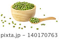 Green mung beans in a wooden bowl and spoon isolated. Healthy organic legumes, superfood, and vegetarian protein source for cooking. 140170763