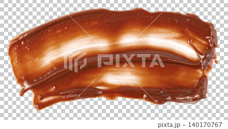 Smear of glossy chocolate or hazelnut spread isolated. Professional top view of a rich brown creamy texture stroke. Perfect for bakery, dessert, and food packaging design. Smear of glossy chocolate or hazelnut spread isolated. Professional top view of a rich brown creamy texture stroke. Perfect for bakery, dessert, and food packaging design. 140170767