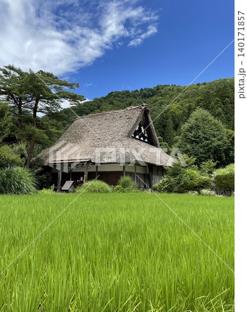 夏の白川郷 世界遺産の合掌造り集落と青々とした田んぼ 夏の白川郷 世界遺産の合掌造り集落と青々とした田んぼ 140171857