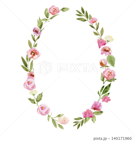 水彩風ピンクの花と葉の楕円形リース 水彩風ピンクの花と葉の楕円形リース 140171960