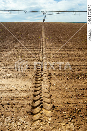 Agricultural Landscape with Heavy Tractor Tracks and Water Sprinkler in Background 140172079