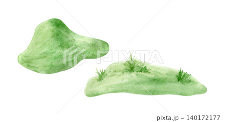 Watercolor set of green grassy hills isolated on white background. Hand drawn landscape elements for kids' book illustrations, nature-themed designs and spring garden-themed projects. 140172177